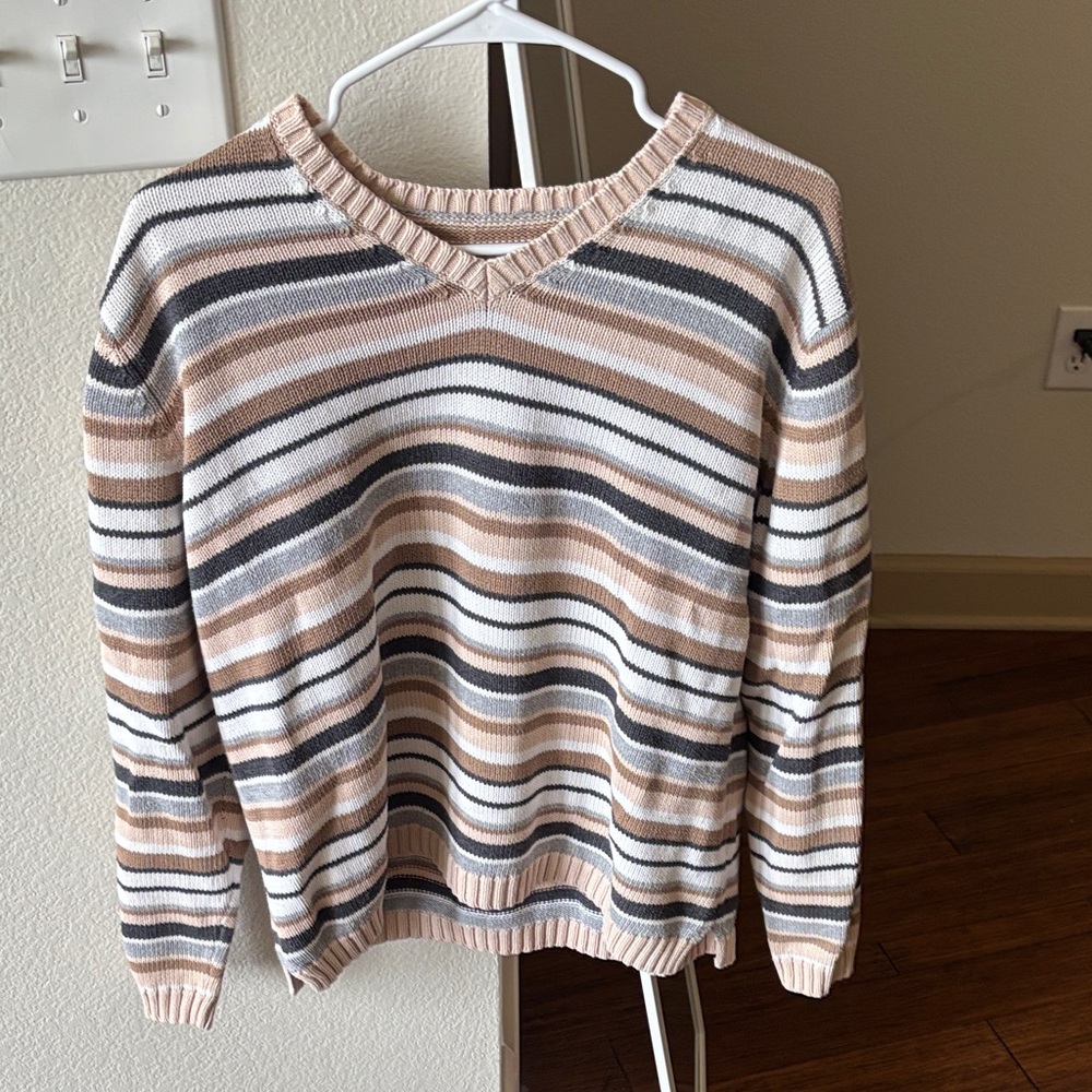 Striped V-Neck Sweater - Beige, White, and Gray